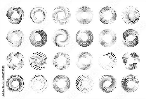 Speed lines in circle form. Set symbols of motion, speed, radiance, flying particles. Radial lines background. Design element for technology round logo, frame, tattoo, web pages, posters. Isolated