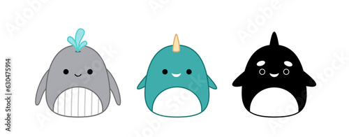 Whale, killer whale, narwhal, unicorn fish. Squishmallow. Cute soft plush toy Pillow Cartoon kawaii vector photo