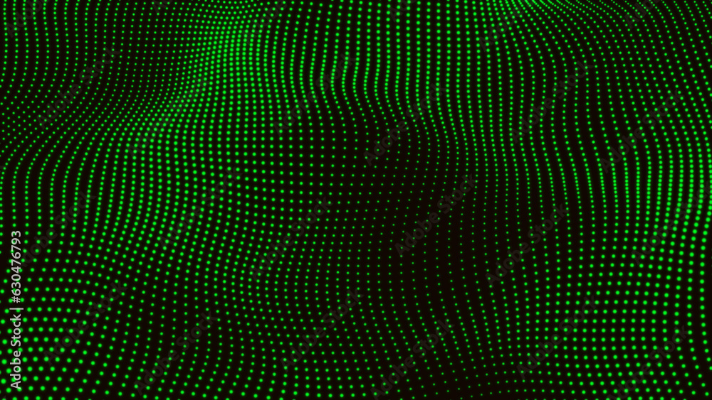 Obraz premium Green digital dots form wave and black abstract background. Futuristic, Modern, Digital, Abstract and technology dots wave background. Dot pattern with halftone effect. Half tone fade background. 3d