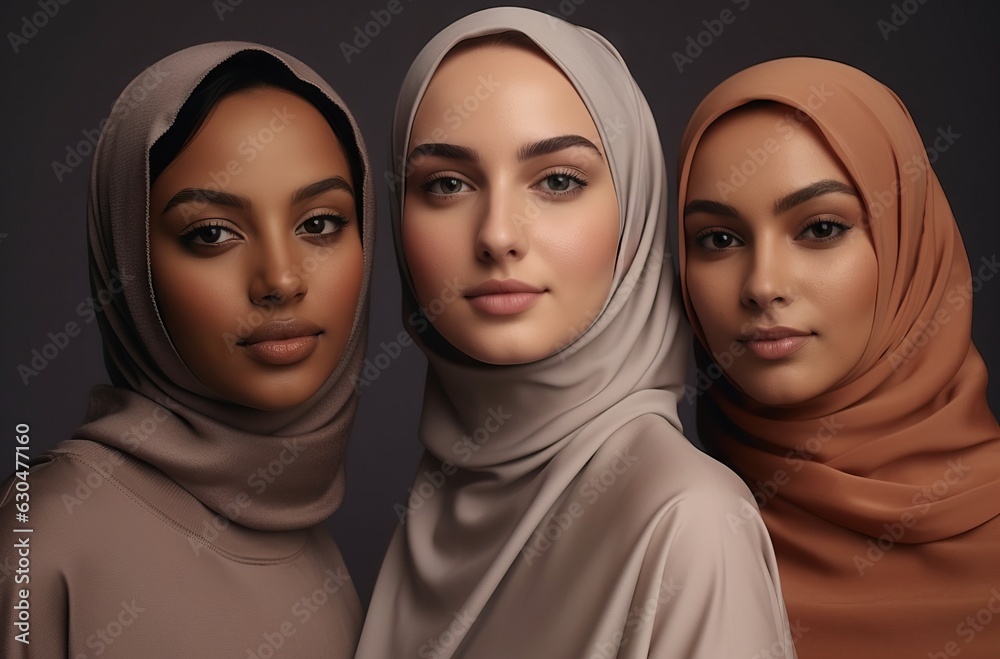 Three beautiful muslim women in hijab. Portrait of three beautiful women in hijab. Three beautiful muslim women in hijab. Portrait of three beautiful women in hijab.