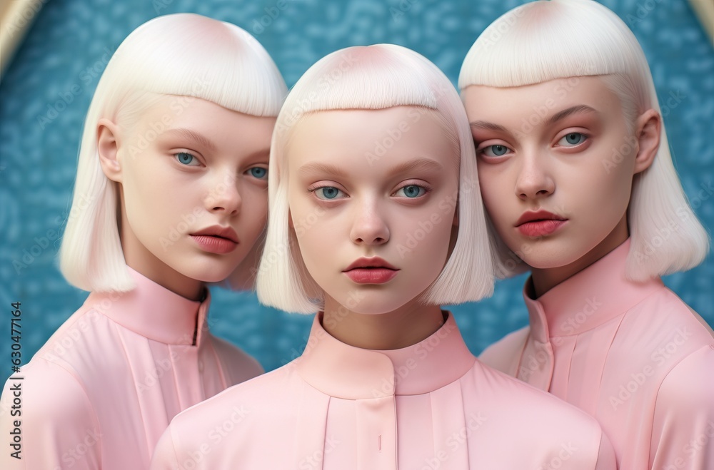 three female models with different hairstyles in pink clothes