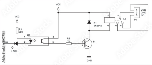 Schematic diagram of electronic device. Vector drawing electrical circuit with transistor, relay, resistor, diode, led and other components.