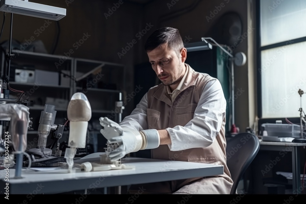 Engineer holding bionic hand while developing prothesis Engineer holding bionic hand while developing prothesis