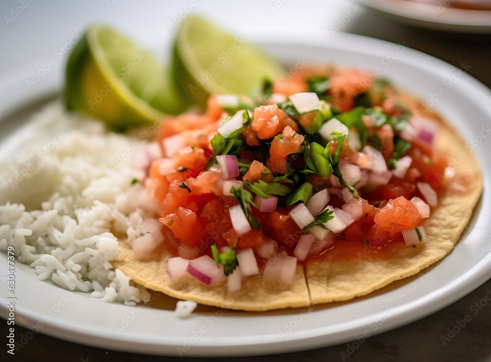 Pico de Gallo, traditional mexican fish tacos with ingredients Pico de Gallo, traditional mexican fish tacos with ingredients
