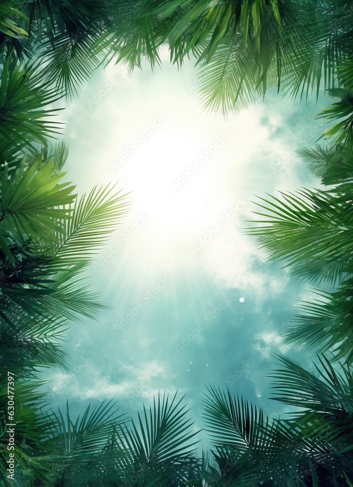 Palm leaves on blue sky background with sun rays. Palm leaves on blue sky background with sun rays.
