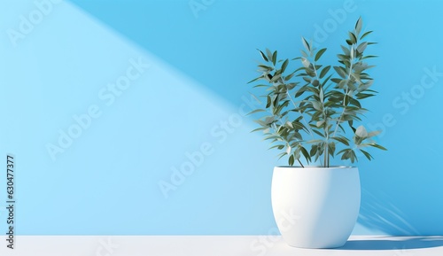 Potted plant on a white table and blue wall.