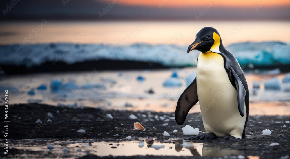 Lost Habitat. emperor penguin amidst melted ice and lost habitat a
