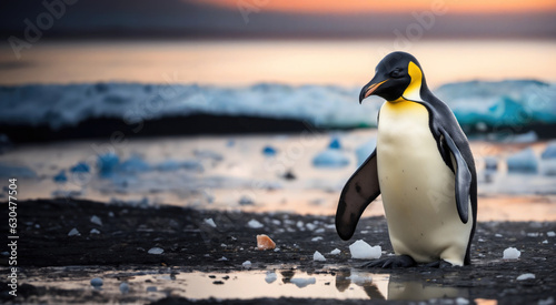 Lost Habitat. emperor penguin amidst melted ice and lost habitat - a stark portrayal of climate change consequences. Climate change impact on penguins