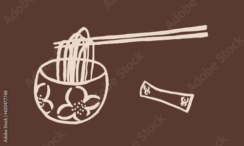 Vector image of a bowl of noodles and chopsticks in a traditional style.Ink, brush, calligraphy, drawing, sketch, graphics, doodle. Japanese restaurant, cafe, oriental cuisine. Brown, beige. Eps10