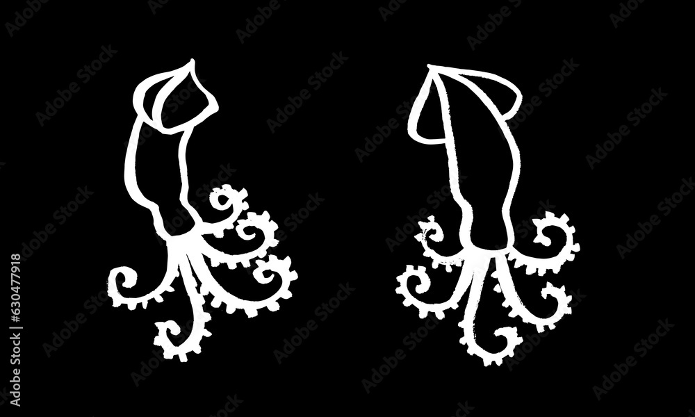 Obraz premium Vector set of two images of octopuses in calligraphic style. Brush, ink, minimalism, hand drawing, sketch. Japan, China, fish restaurant, menu. White on black. Eps10