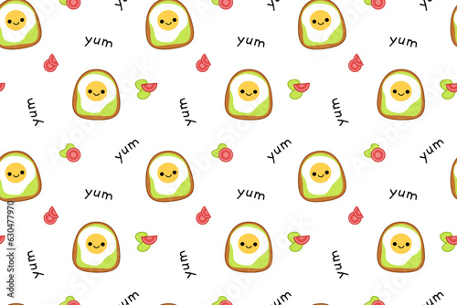 Pattern with sandwiches, vegetables, fried eggs, omelets. Squishmallow Sandwich Kawaii Vector