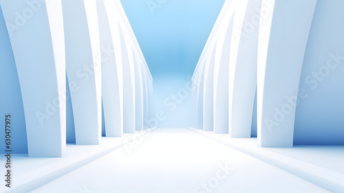 Beautiful airy widescreen minimalistic white and light blue architectural background banner with tilted columns. generated.