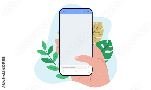 Mobile phone in hand - Decorative vector mockup of person holding smartphone with leaf decoration. Isolated flat design illustration with white background