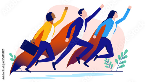 Business superhero team - Three ambitious businesspeople with cape flying upwards towards success. Flat design vector illustration with white background