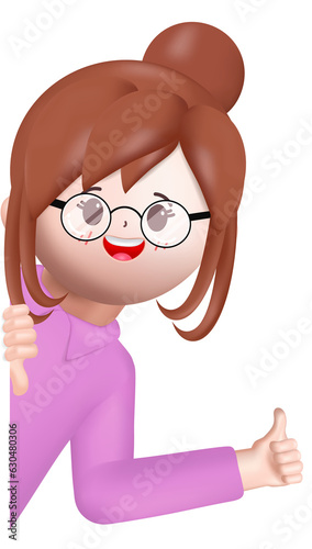 3d businesswoman character thumbs up and peeking from behind the wall illustration vector rendering.