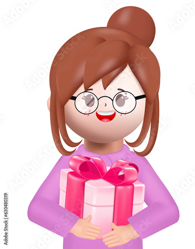 3d businesswoman character get a gift box and standing at location mark illustration vector rendering.