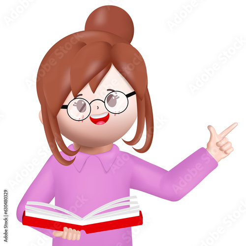 3d businesswoman character pointing to white placard illustration vector rendering.