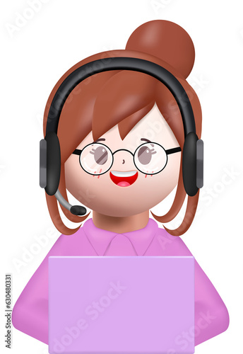3d businesswoman character call center, customer service with headphone and laptop illustration vector rendering.