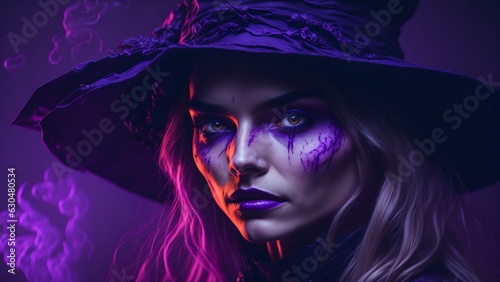 Portrait of a sexy halloween witch against a red background, Generative AI