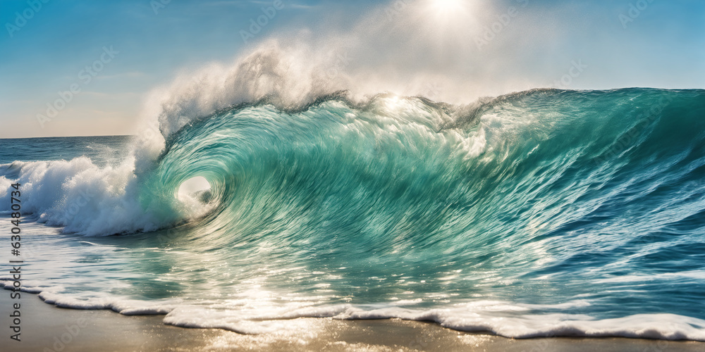 Fototapeta premium Giant ocean surf wave on a sunny day. Seascape illustration with stormy sea, turquoise water with white foam and splashes, sun and blue sky. Generative AI