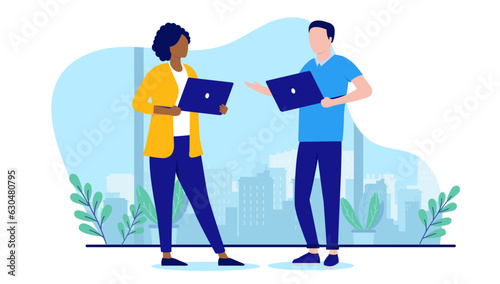 Man and woman with computers - Two office people with laptops talking and discussing at work. Flat design vector illustration with white background