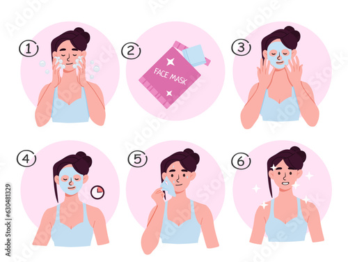 Face mask instruction set. Facial health care. Beauty procedures with make up and cosmetic products. Template, layout and mock up. Cartoon flat vector collection isolated on white background