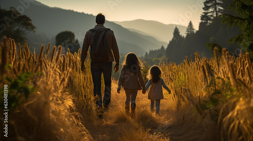 Happy Family walking on path with ocean background mother father children walking together 
