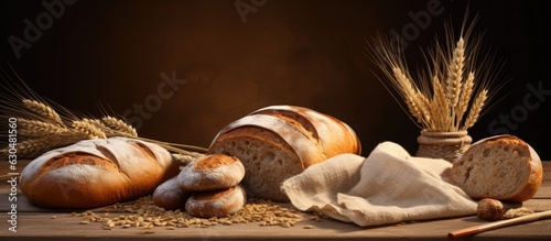 A picture of fresh bread is placed on a stone table with enough space for writing. The composition includes brown and white whole grain loaves, and there are wheat ears scattered around.