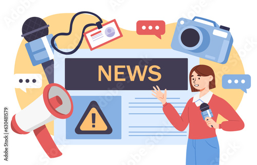 Reporter speak in microphone concept. Mass media and news. Woman with mic at background of newspaper. Knowledge and information. Journalist with equipment. Cartoon flat vector illustration
