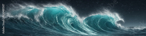Banner with giant ocean surf wave at night. Seascape illustration with night stormy sea, turquoise water with white foam and splashes, starry sky. Generative AI © Aleksei Solovev