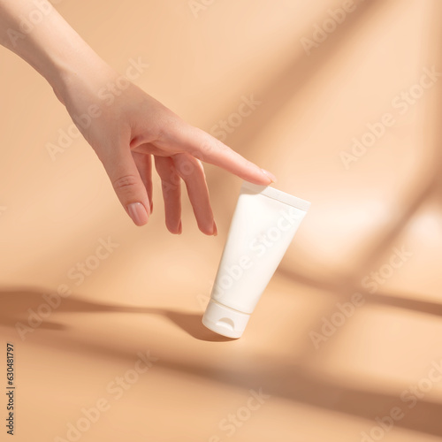 Woman's hand touches a mockup of white tube of cream. Unlabeled packaging for cosmetics in sunlight on beige background. Concept of skincare. Harsh shadows