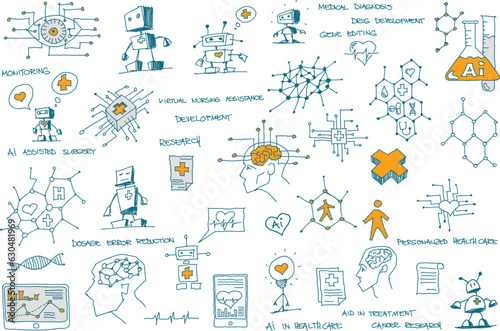 hand drawn architectural sketches of artificial intelligence topics and robots and future and science topics related to healtcare and medical topics