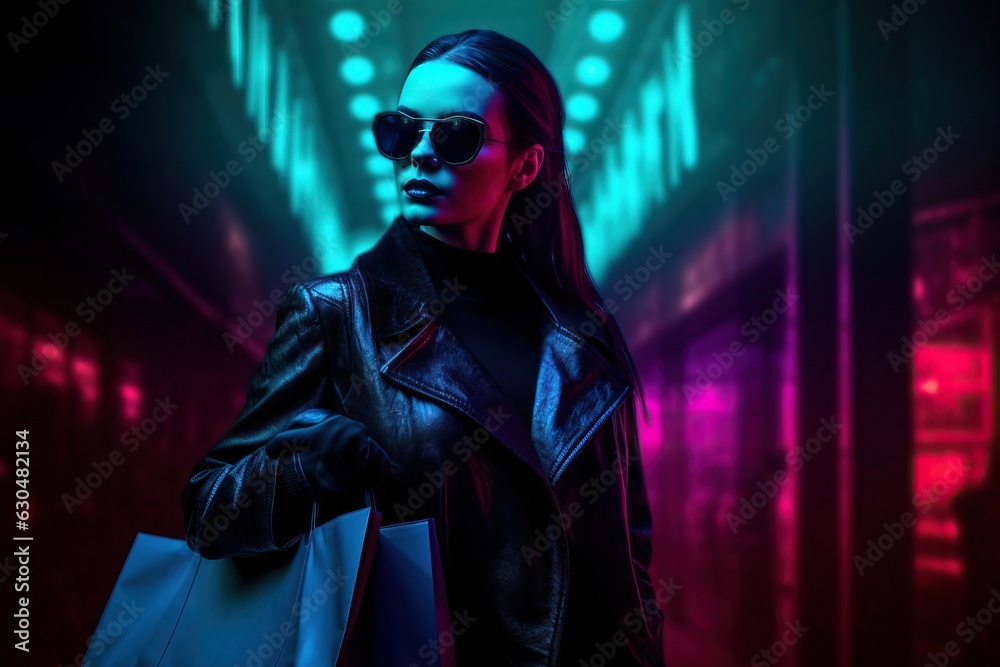 Fashion shot of a beautiful young woman in leather jacket and sunglasses with shopping bags.