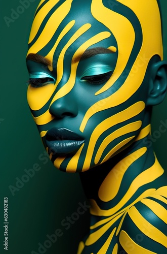 Fashion art portrait of a beautiful woman with green and yellow abstract bodyart.