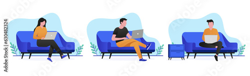 Working on computer in couch collection - Vector illustrations of people, man and woman doing laptop work in sofa at home. Flat design and white background