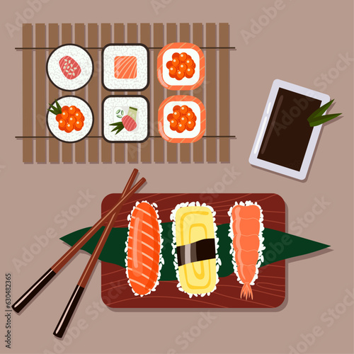 Sushi and nigiri set in flat style. Asian food collection.