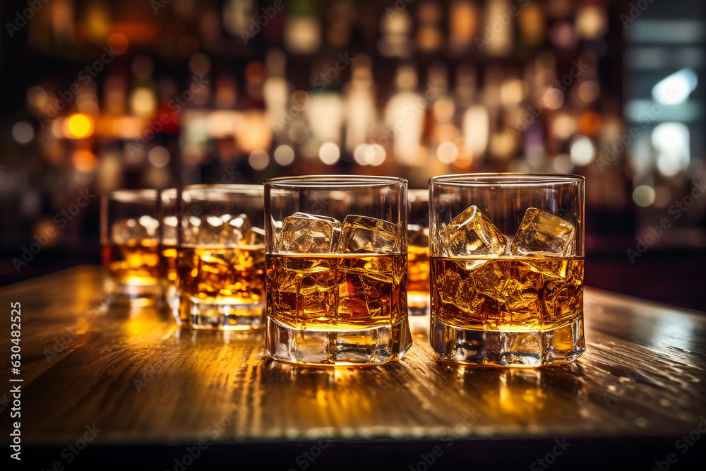 Flight of whiskey for tasting on a bar counter with a blurred background made with AI generative technology Flight of whiskey for tasting on a bar counter with a blurred background made with AI generative technology