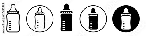Baby Bottle symbol Icon vector flat outlined round set collection of kids milk rubber nipple suck bib. Sign of comforter of child feeding drink through mouth plastic soother web app ui use.