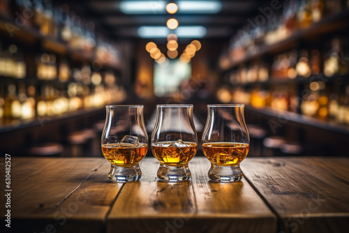 Flight of whiskey for tasting on a bar counter with a blurred background made with AI generative technology