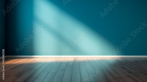 Blue turquoise empty wall and wooden floor with interesting with glare from the window. Interior background for the presentation. © Prasanth