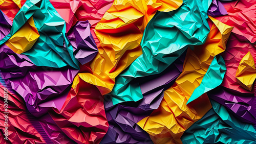 colorful crumpled paper background, yellow, cyan, red, purple paper 