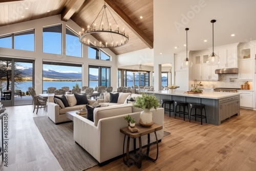 Gorgeous living room interior in a newly built extravagant house, featuring a stunning view of the kitchen. The homes interior boasts hardwood floors and an open layout showcasing the dining room