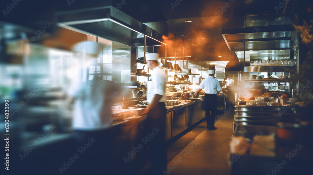 blurred restaurant background with some people eating and chefs and waiters working
