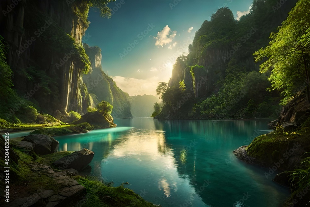 A serene river in a lush jungle with crystal clear water - AI Generative
