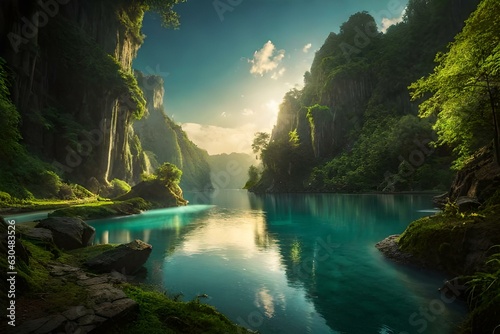 A serene river in a lush jungle with crystal clear water - AI Generative