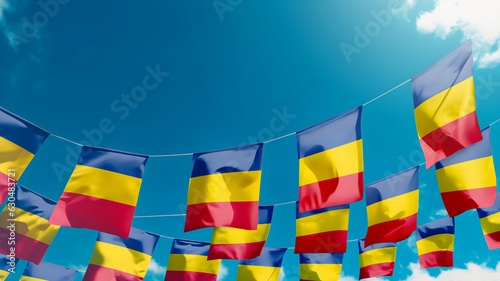 Flag of Romania against the sky, flags hanging vertically