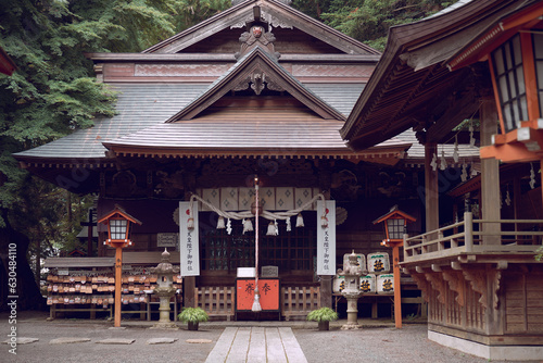 Exterior view of Arakura Fuji Sengen Jinja Shrine in Asama, Fujiyoshida, Yamanashi, Japan photo