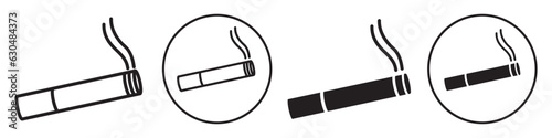 Cigarette symbol icon set in black and white round circle set collection. Flat outlined cigar prohibition area in no smoking sign. Harmful tobacco ban harmful forbidden logo label. Smoker free habit