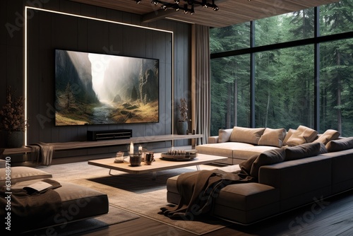 Contemporary indoor space featuring a state of the art entertainment system for watching movies at home. photo