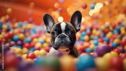A french bulldog in a colorful ball pit.  © Scissortail Studios
